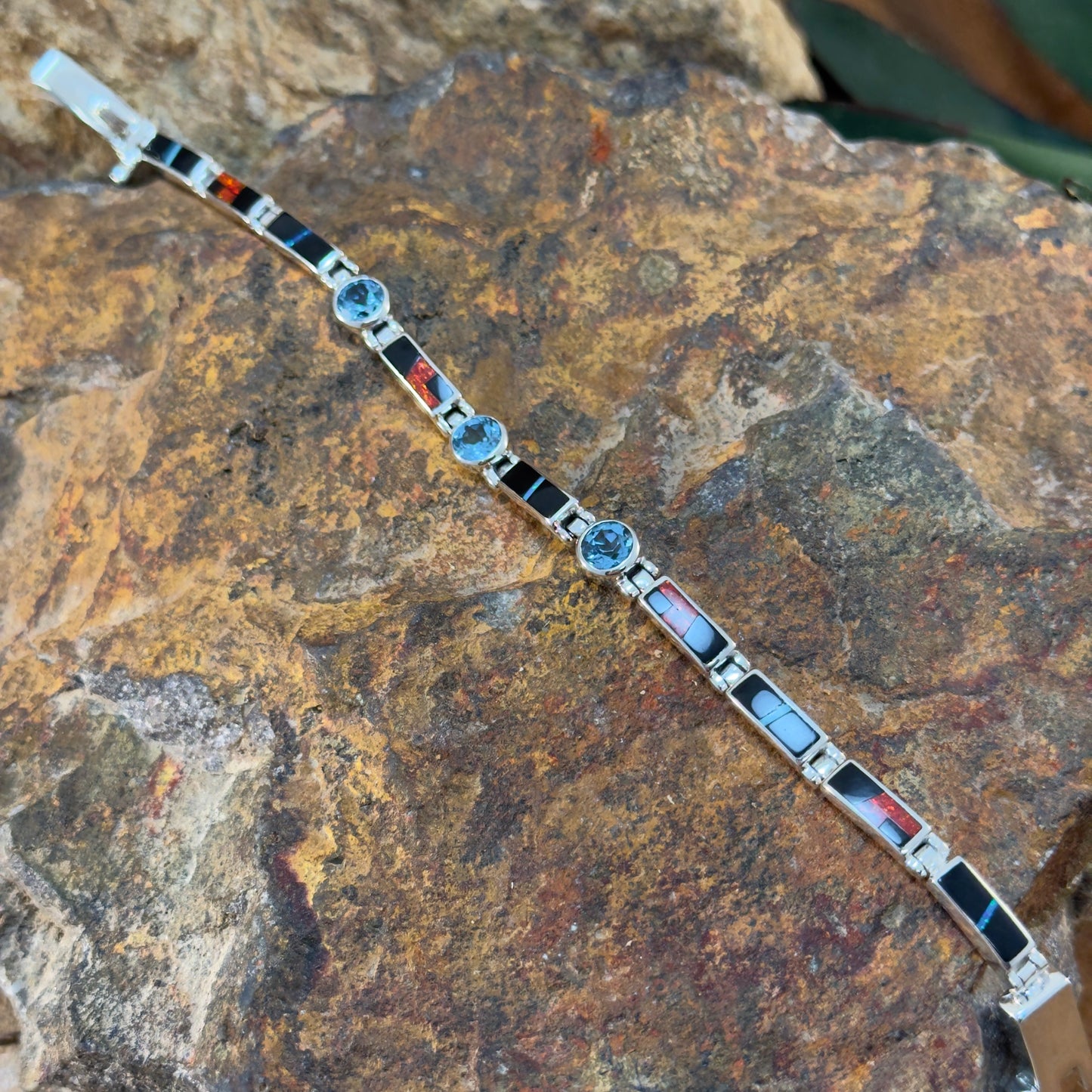 David Rosales Red Moon Inlaid Sterling Silver Link Bracelet w/ Blue Topaz