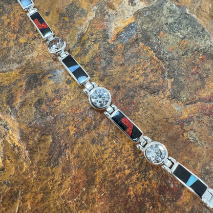 David Rosales Red Moon Inlaid Sterling Silver Link Bracelet w/ Cubic Zirconia