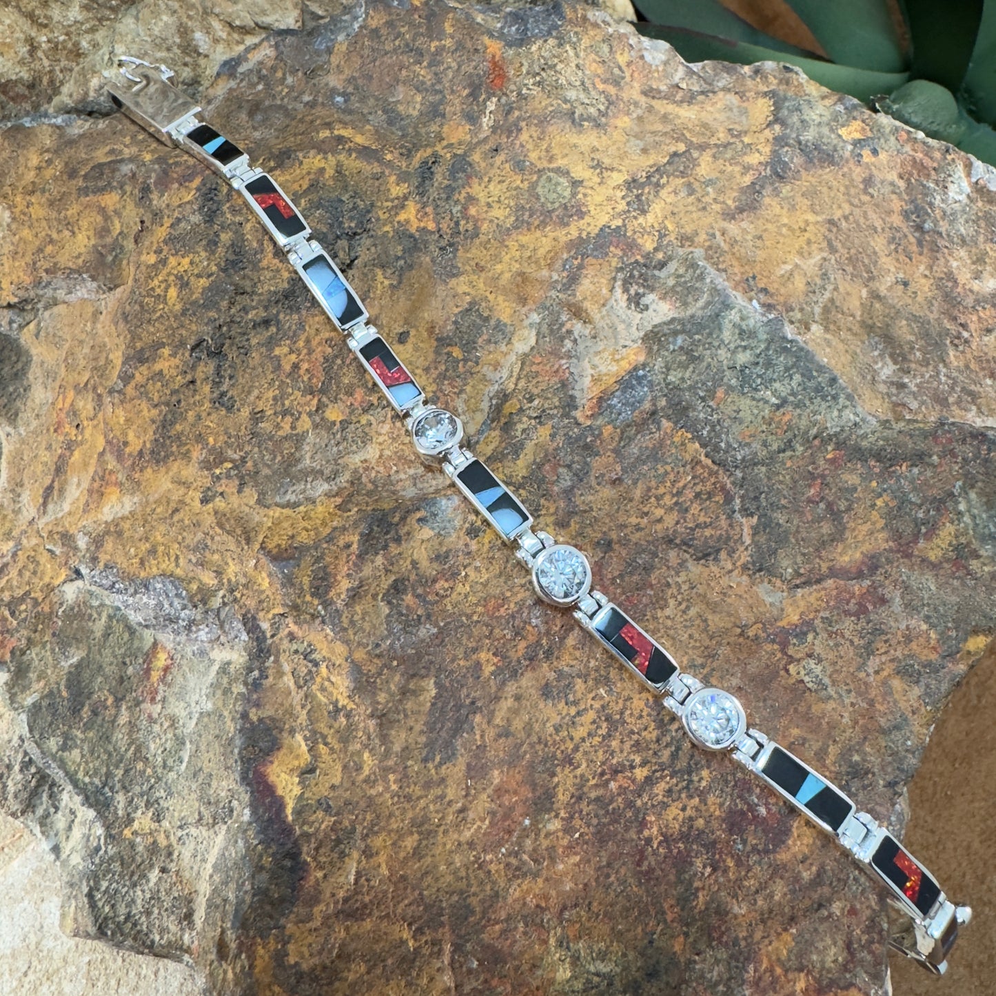 David Rosales Red Moon Inlaid Sterling Silver Link Bracelet w/ Cubic Zirconia