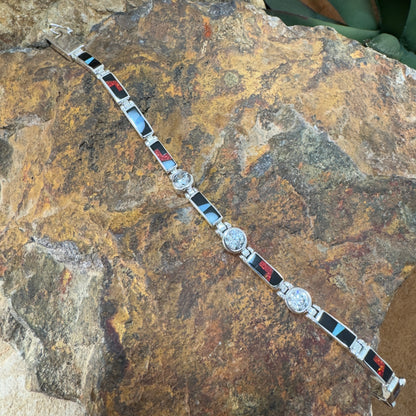 David Rosales Red Moon Inlaid Sterling Silver Link Bracelet w/ Cubic Zirconia