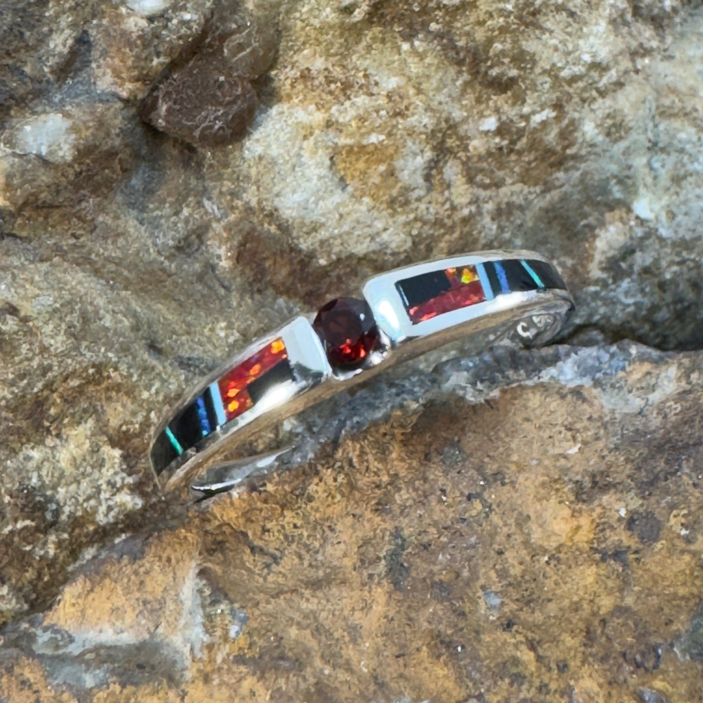 David Rosales Red Moon Inlaid Sterling Silver Ring w/ Garnet