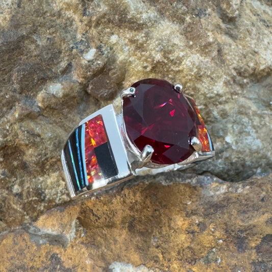 David Rosales Red Moon Inlaid Sterling Silver Ring w/ Garnet