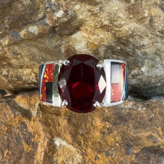 David Rosales Red Moon Inlaid Sterling Silver Ring w/ Garnet
