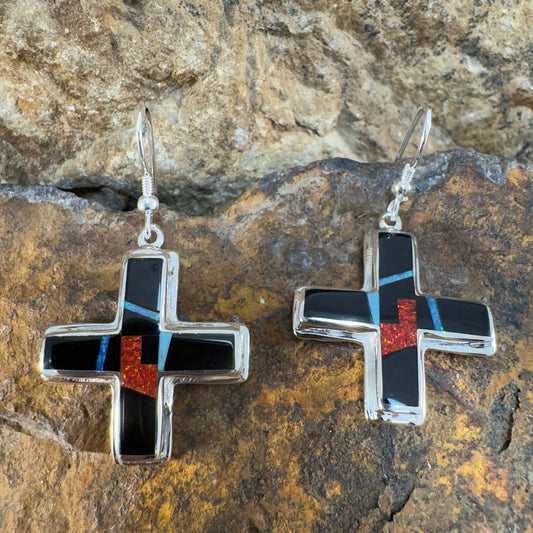 David Rosales Red Moon Inlaid Sterling Silver Earrings Cross