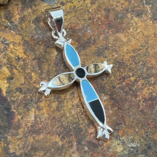 David Rosales Turquoise Creek Inlaid Sterling Silver Pendant Cross