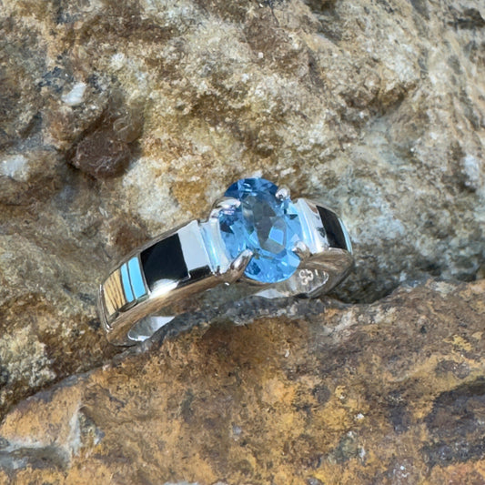 David Rosales Turquoise Creek Inlaid Sterling Silver Ring w/ Blue Topaz