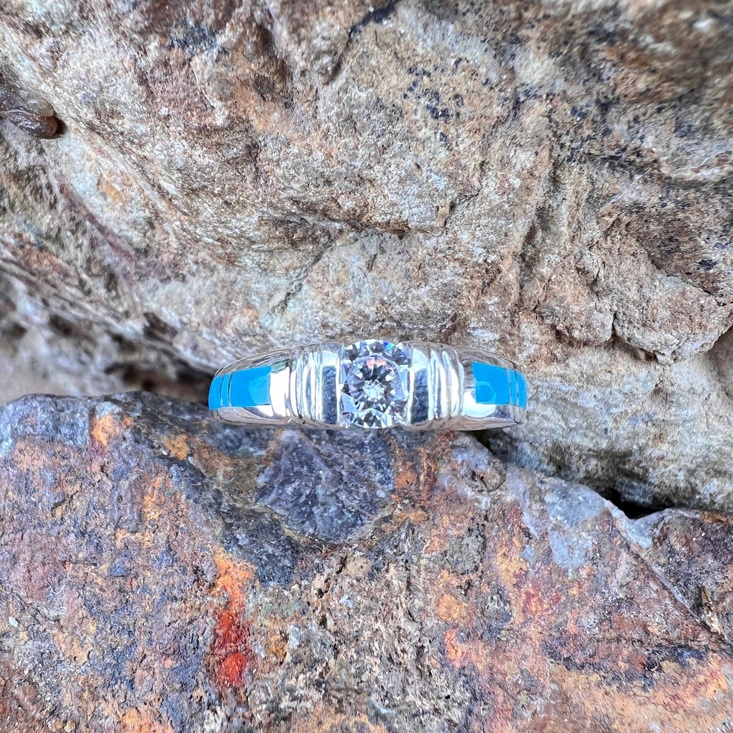 David Rosales Arizona Blue Inlaid Sterling Silver Ring Clear Cubic Zirconia