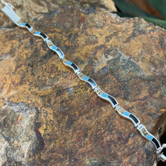 David Rosales Turquoise Creek Inlaid Sterling Silver Wavy Link Bracelet