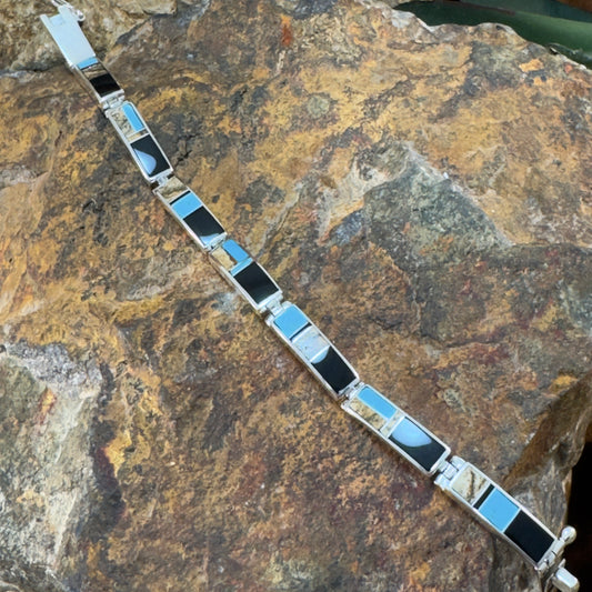 David Rosales Turquoise Creek Inlaid Sterling Silver Big Link Bracelet