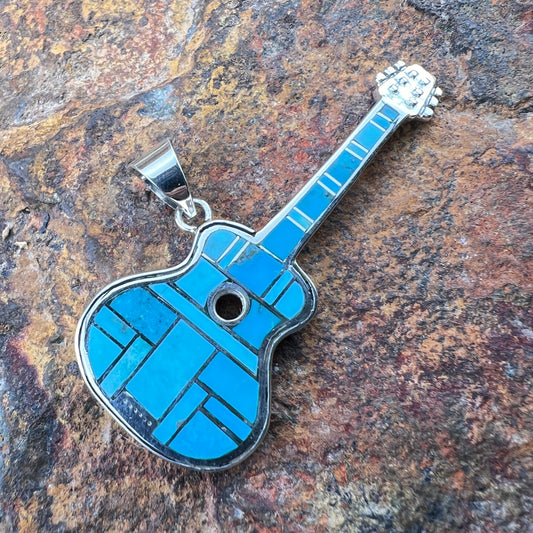 David Rosales Arizona Blue Inlaid Sterling Silver Pendant Guitar