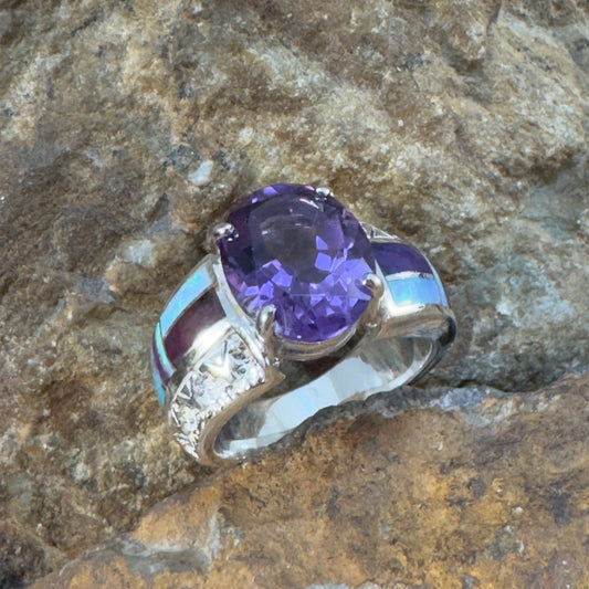 David Rosales Shalako Fancy Inlaid Sterling Silver Ring w/ Amethyst