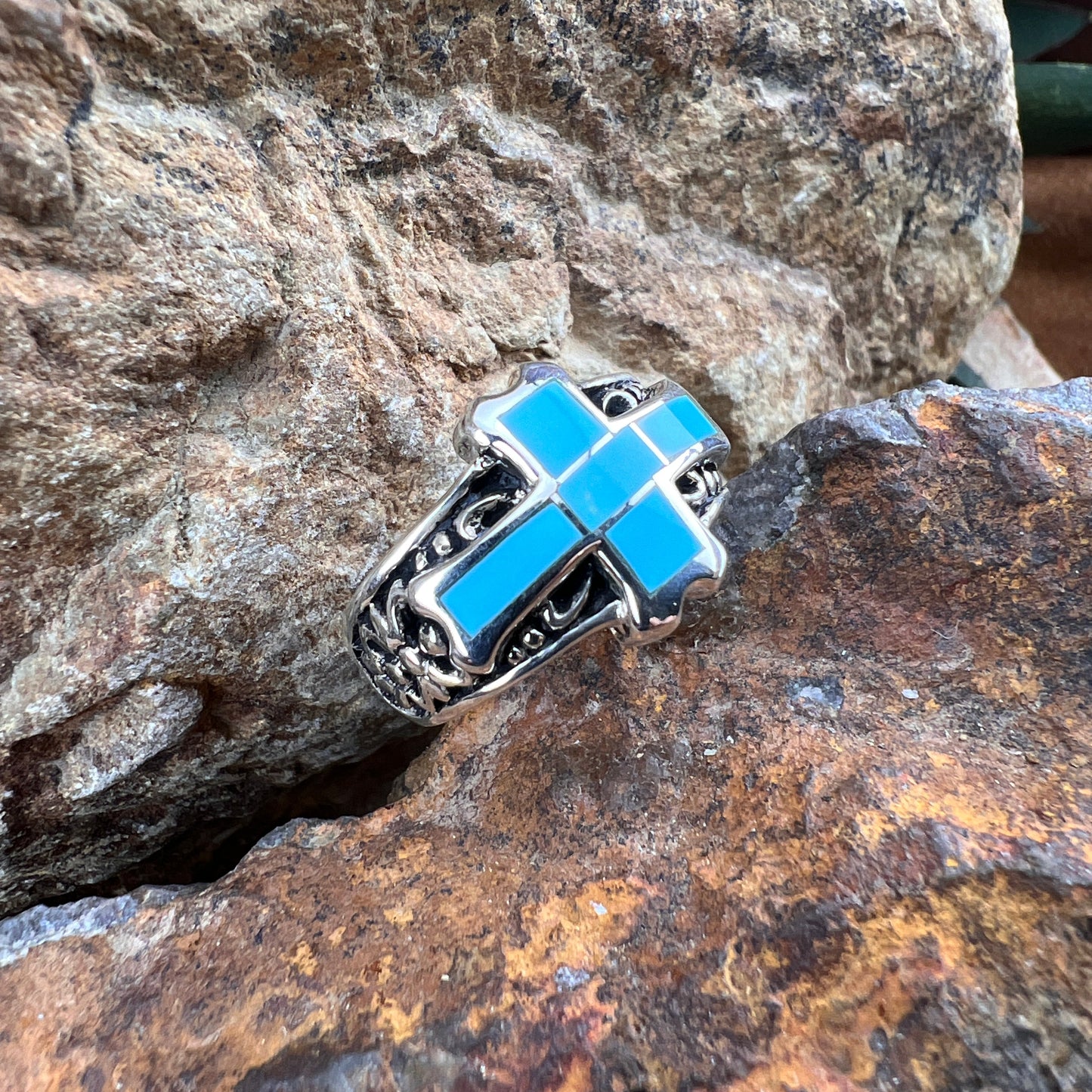 David Rosales Arizona Blue Cross Inlaid Sterling Silver Ring