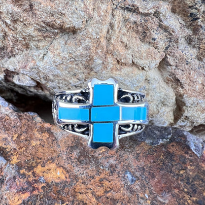 David Rosales Arizona Blue Cross Inlaid Sterling Silver Ring