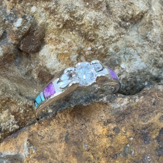 David Rosales Shalako Inlaid Sterling Silver Ring w/ Cubic Zirconia