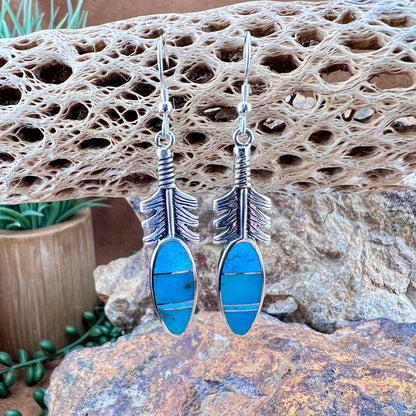 David Rosales Arizona Blue Inlaid Sterling Silver Earrings Feathers