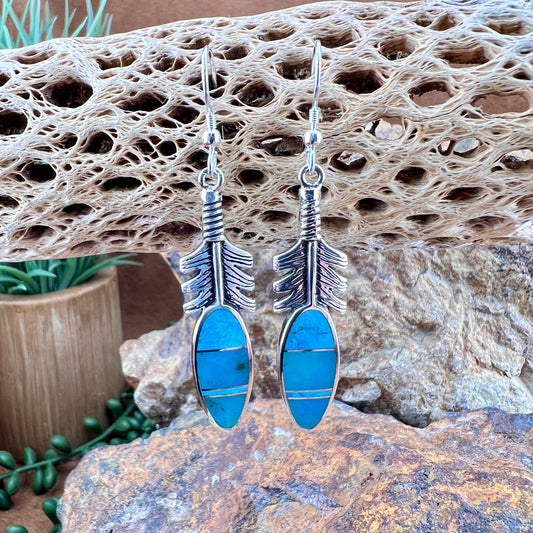 David Rosales Arizona Blue Inlaid Sterling Silver Earrings Feathers