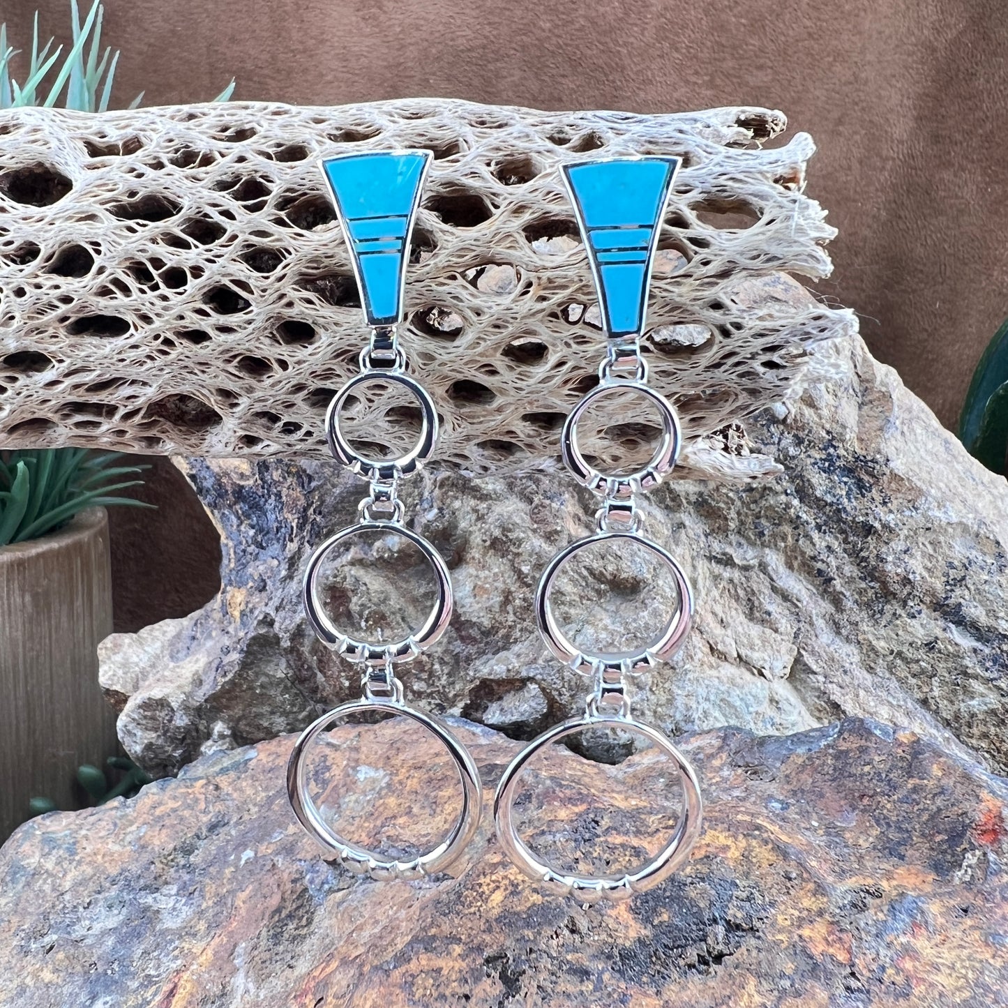 David Rosales Arizona Blue Turquoise Inlaid Sterling Silver Earrings Hoops