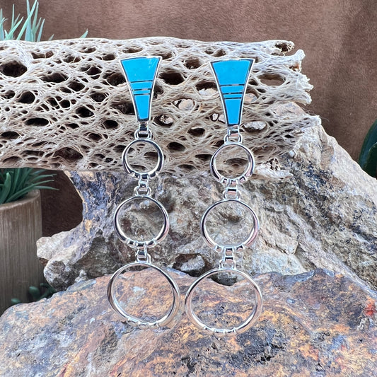 David Rosales Arizona Blue Turquoise Inlaid Sterling Silver Earrings Hoops