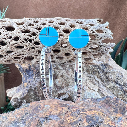 David Rosales Arizona Blue Inlaid Sterling Silver Earrings Hoops