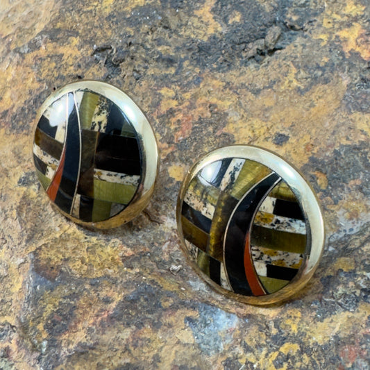 14k Gold, Picture Jasper, Tigers Eye, Onyx, Red Coral Post Earrings by GL MILLER