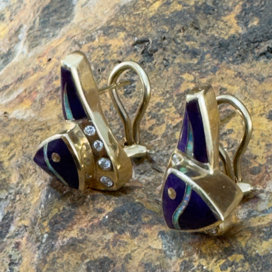14K Gold, Diamond, Opal, & Sugilite Earrings w/ Omega Backs by GL MILLER