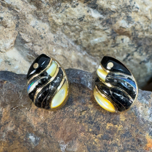 14k Gold, Opal, Onyx, Shell Post Earrings by GL MILLER