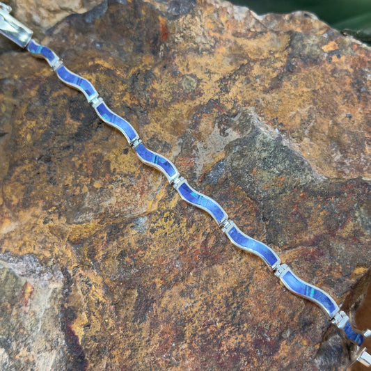 David Rosales Blue Sky Inlaid Sterling Silver Link Bracelet Wavy