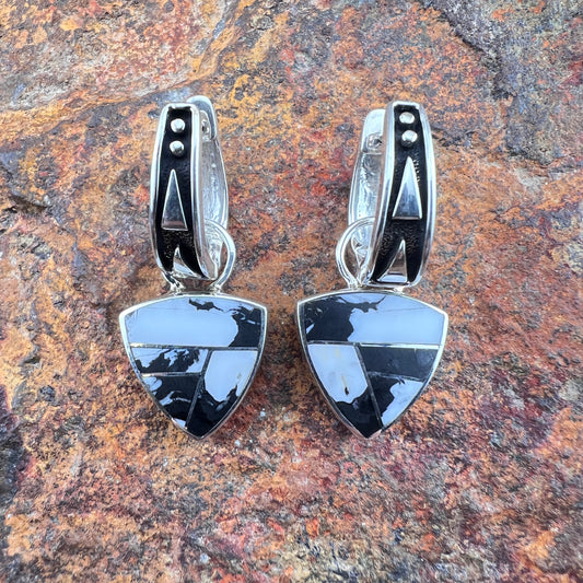 David Rosales White Buffalo Inlaid Sterling Silver Earrings Huggie Dangle