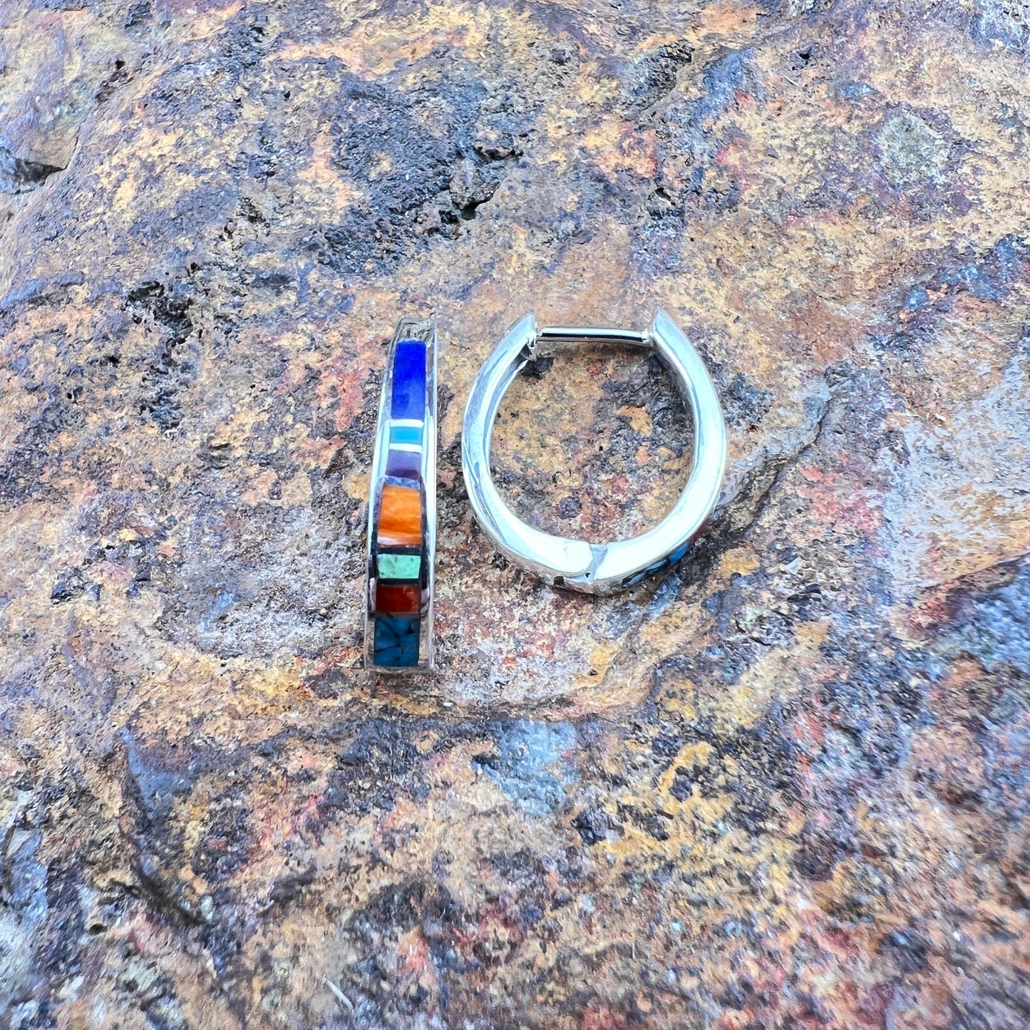 David Rosales Indian Summer Turquoise Inlaid Sterling Silver Huggie Earrings