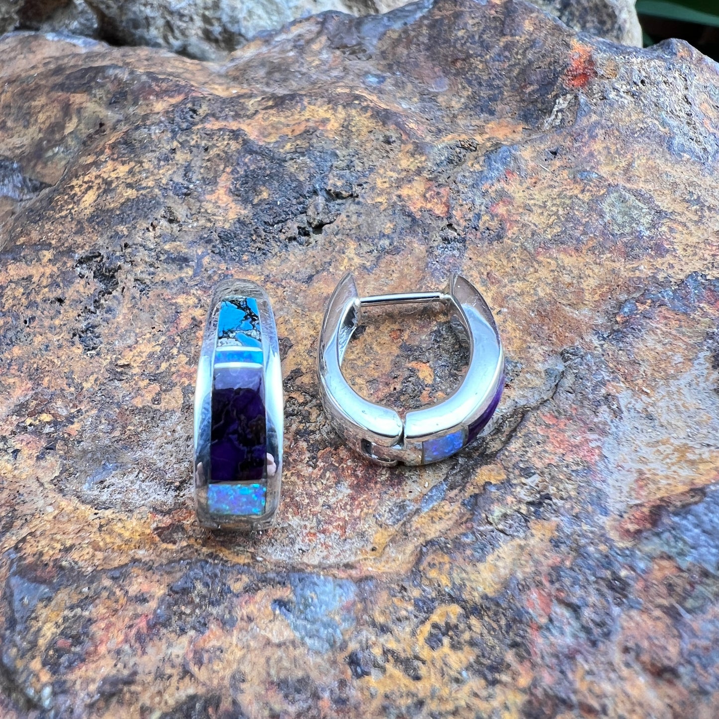 David Rosales Shalako Inlaid Sterling Silver Earrings Huggie