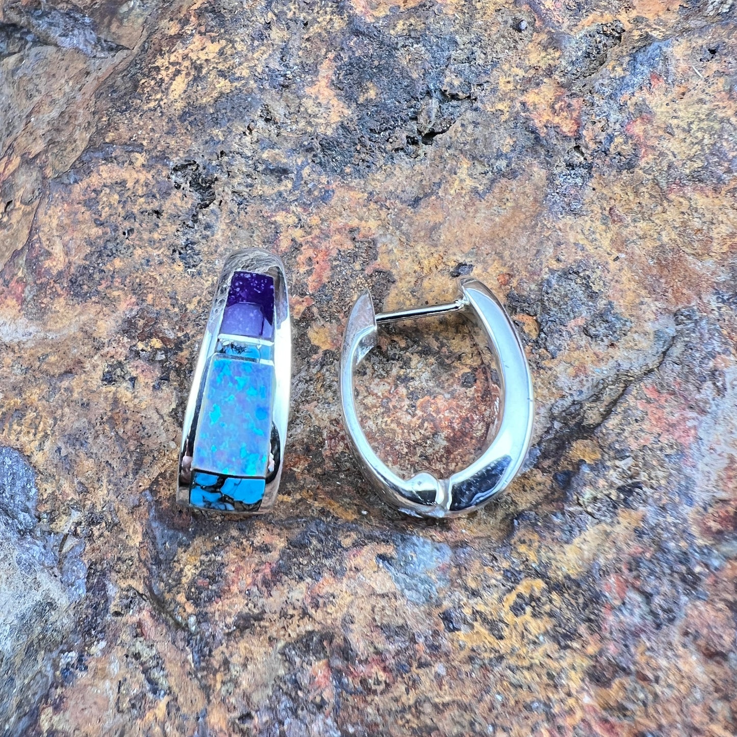 David Rosales Shalako Inlaid Sterling Silver Earrings Huggie