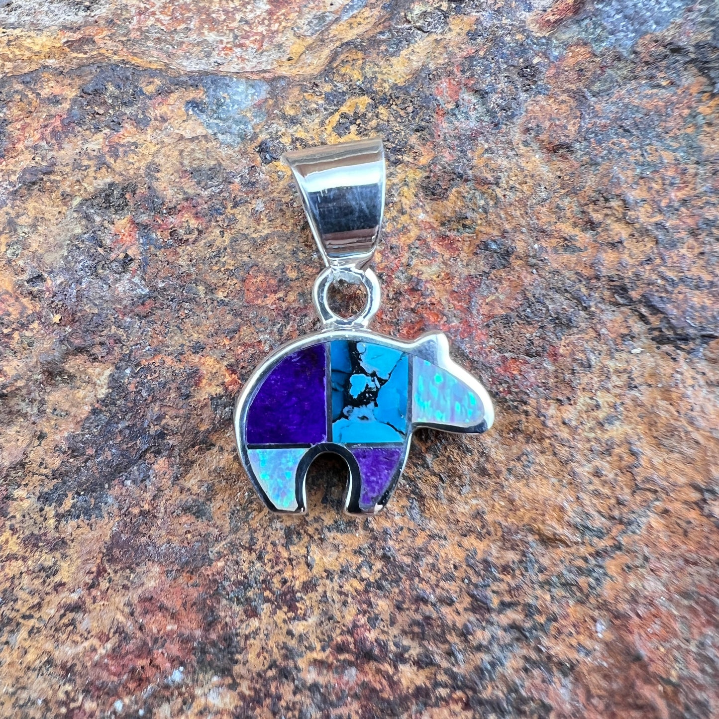 David Rosales Shalako Inlaid Sterling Silver Pendant Little Bear