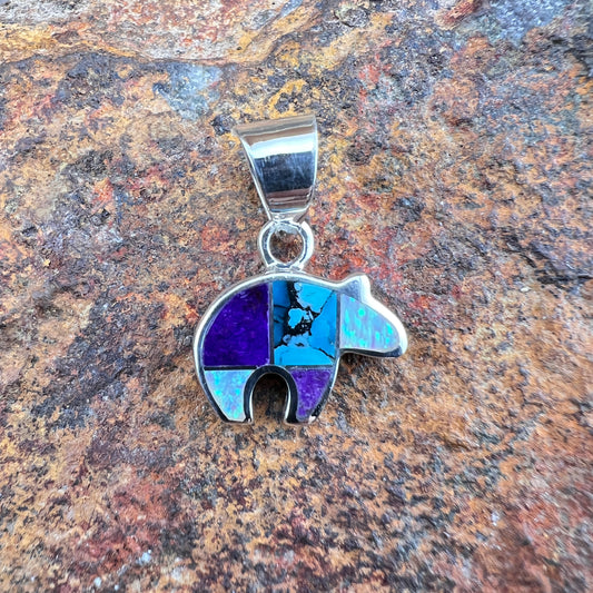 David Rosales Shalako Inlaid Sterling Silver Pendant Little Bear