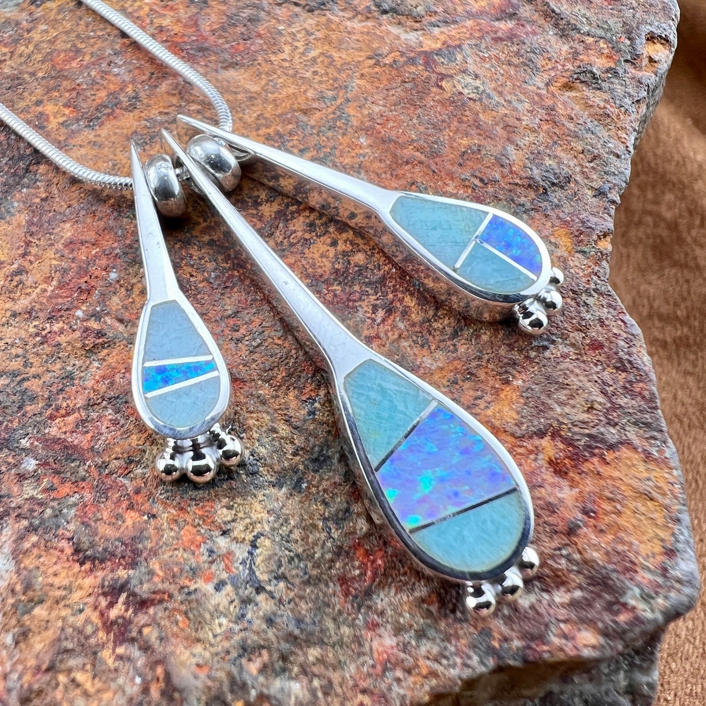 David Rosales Amazing Light Inlaid Sterling Silver Three Drop Pendant Necklace