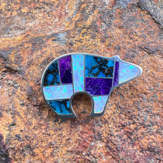David Rosales Shalako Fancy Inlaid Sterling Silver Bear Pin