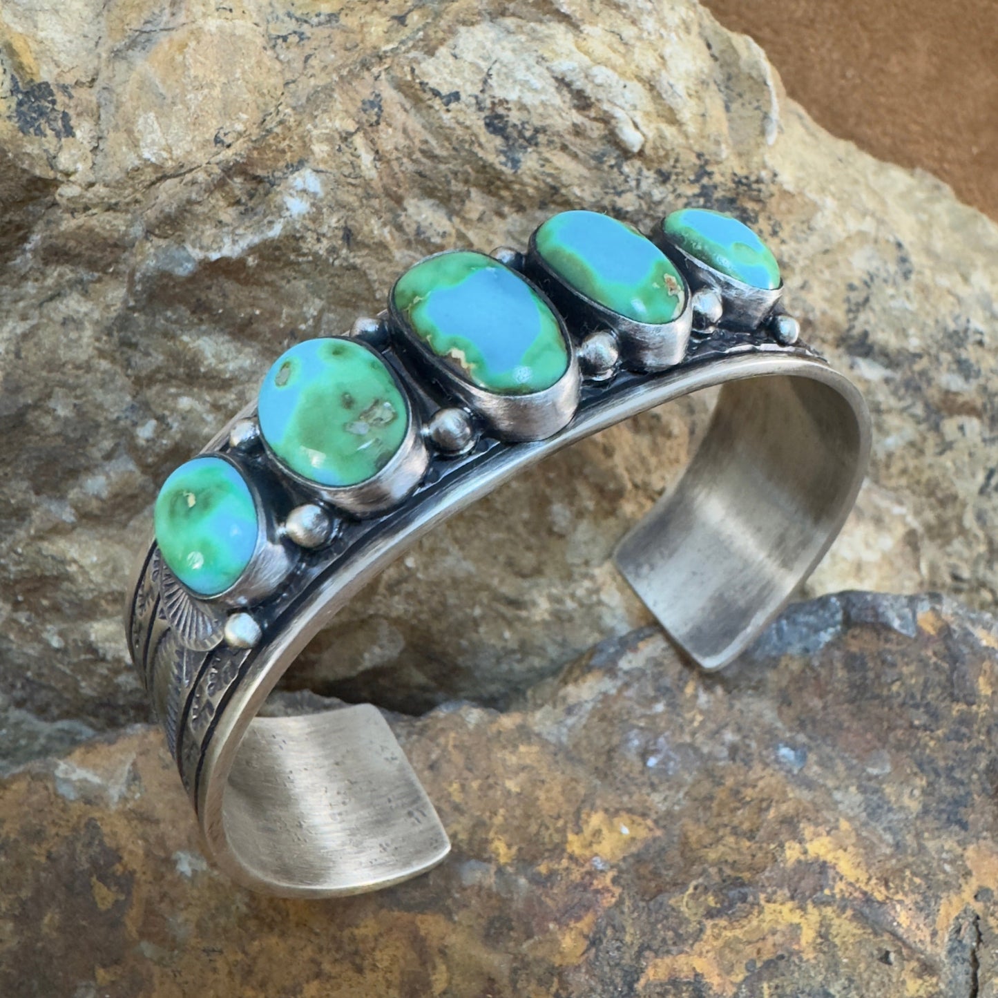 Sonoran Gold Turquoise Five-Stone Cuff Bracelet by Murphy Platero