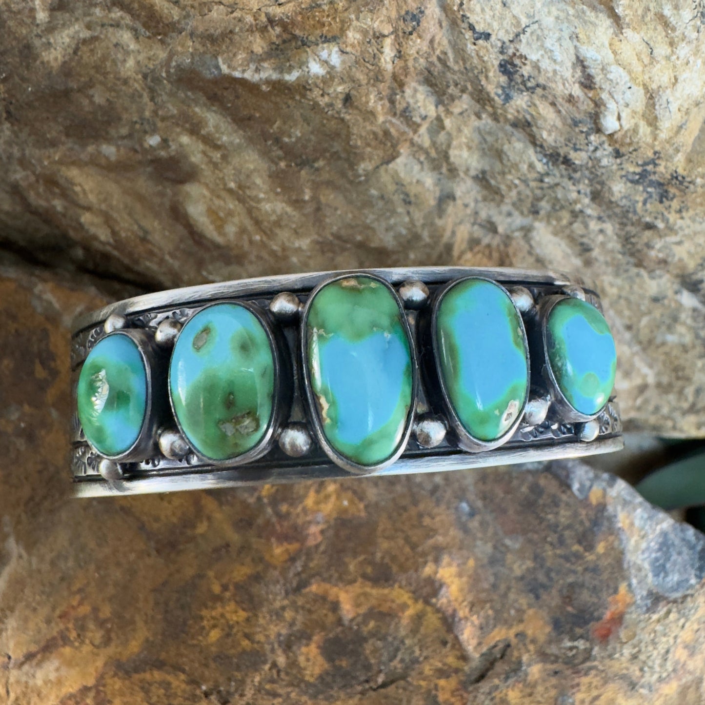Sonoran Gold Turquoise Five-Stone Cuff Bracelet by Murphy Platero
