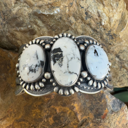 White Buffalo Three-Stone Sterling Silver Cuff Bracelet by Murphy Platero