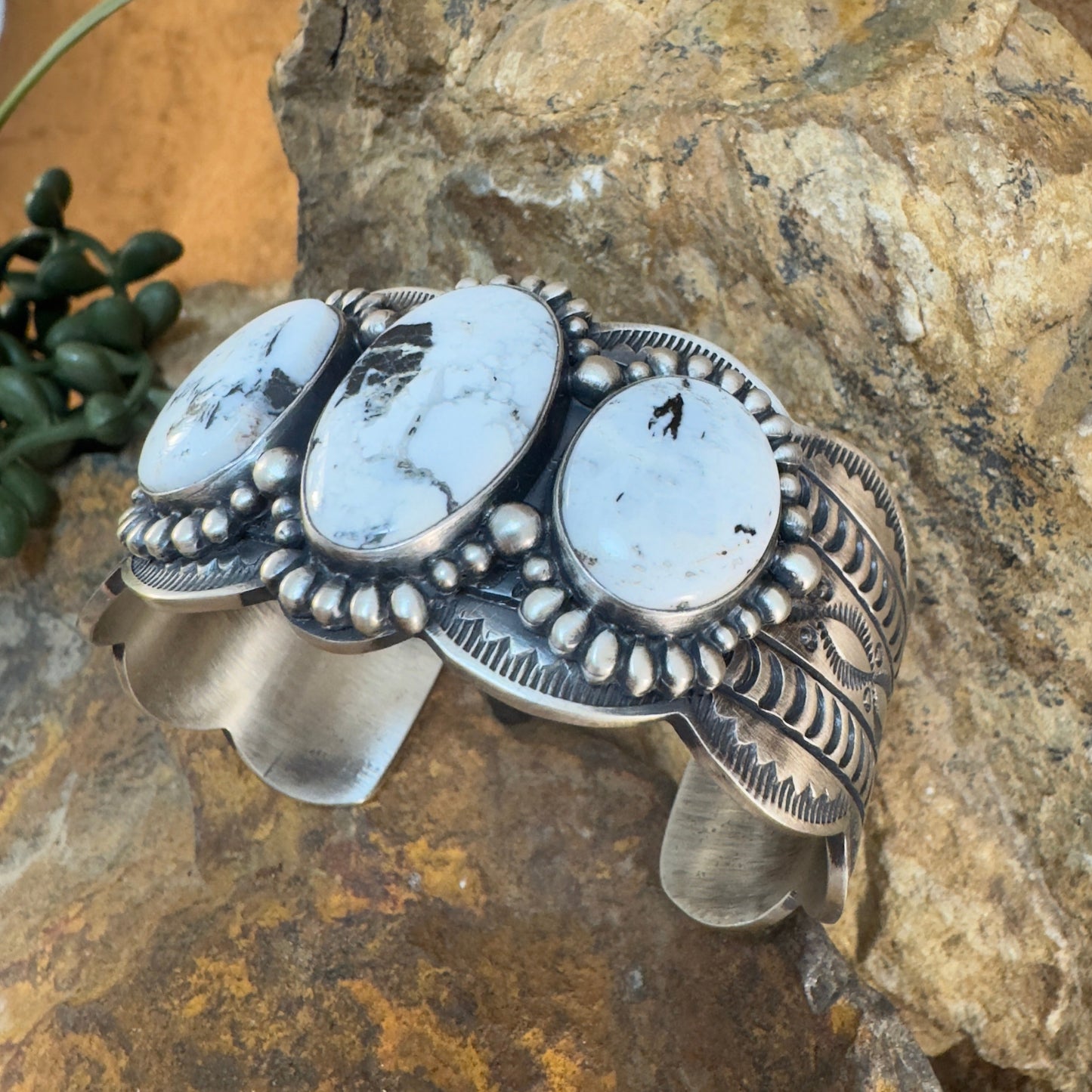 White Buffalo Three-Stone Sterling Silver Cuff Bracelet by Murphy Platero