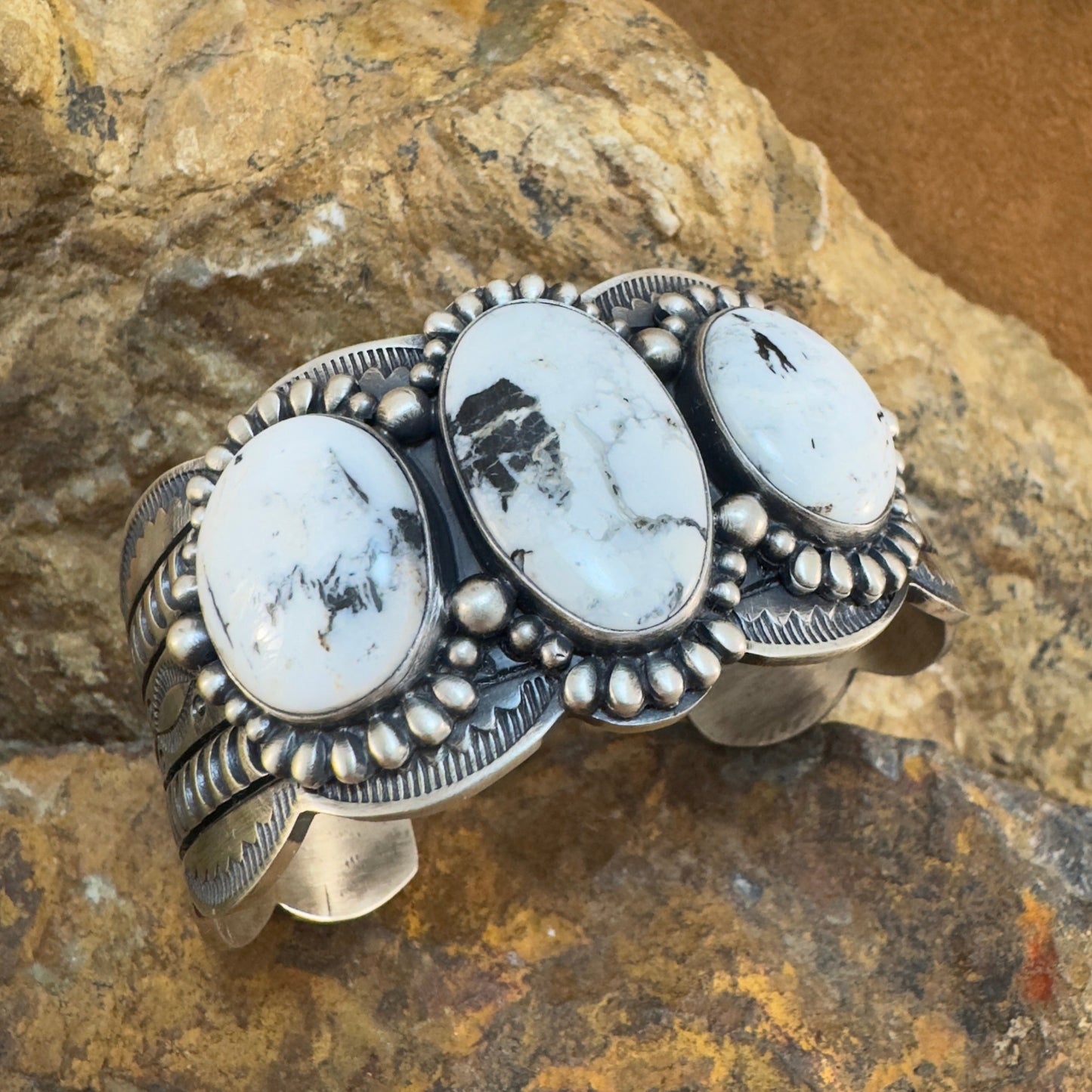 White Buffalo Three-Stone Sterling Silver Cuff Bracelet by Murphy Platero