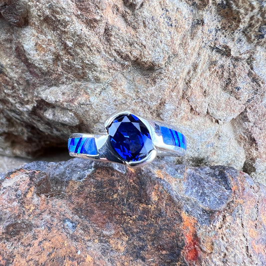 David Rosales Blue Sky Inlaid Sterling Silver Ring w/ Sapphire