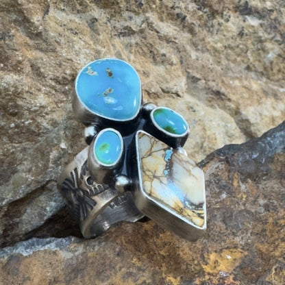 Sonoran Gold & Boulder Ribbon Turquoise Sterling Silver Ring by Bernyse Chavez - Size 8