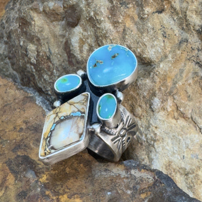 Sonoran Gold & Boulder Ribbon Turquoise Sterling Silver Ring by Bernyse Chavez - Size 8