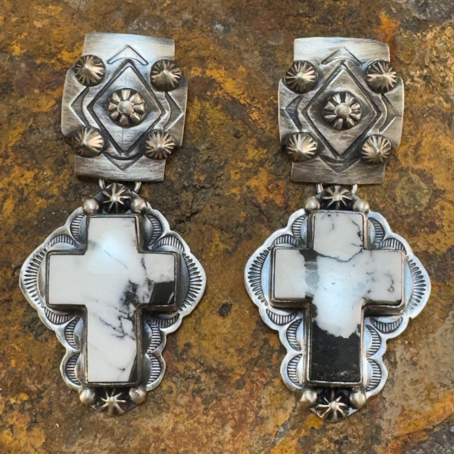 White Buffalo Cross Drop Earrings with Sterling Silver Accents by Murphy Platero