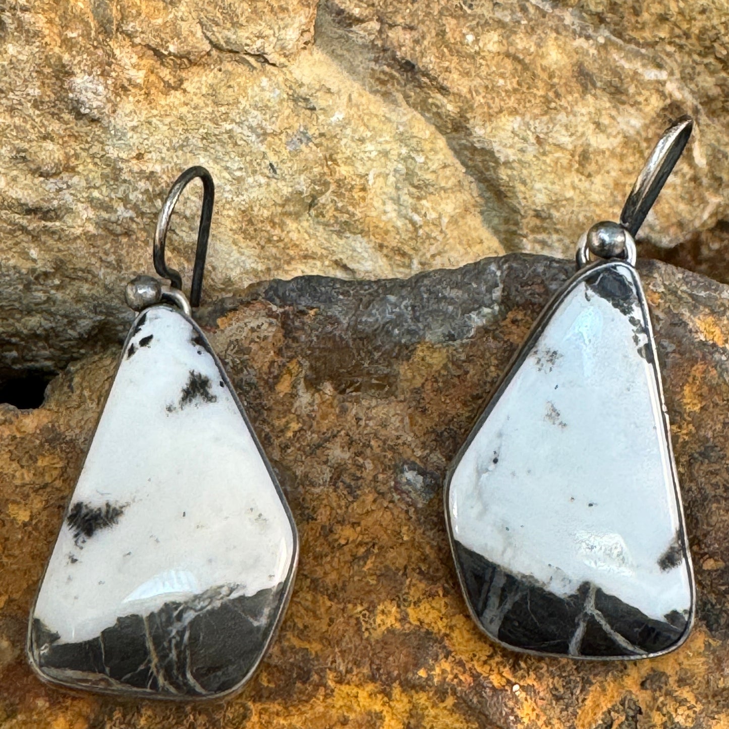 Geometric White Buffalo Drop Earrings in Sterling Silver by Loretta Delgarito