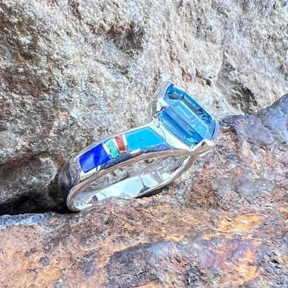David Rosales Indian Summer Inlaid Sterling Silver Ring w/ Blue Topaz