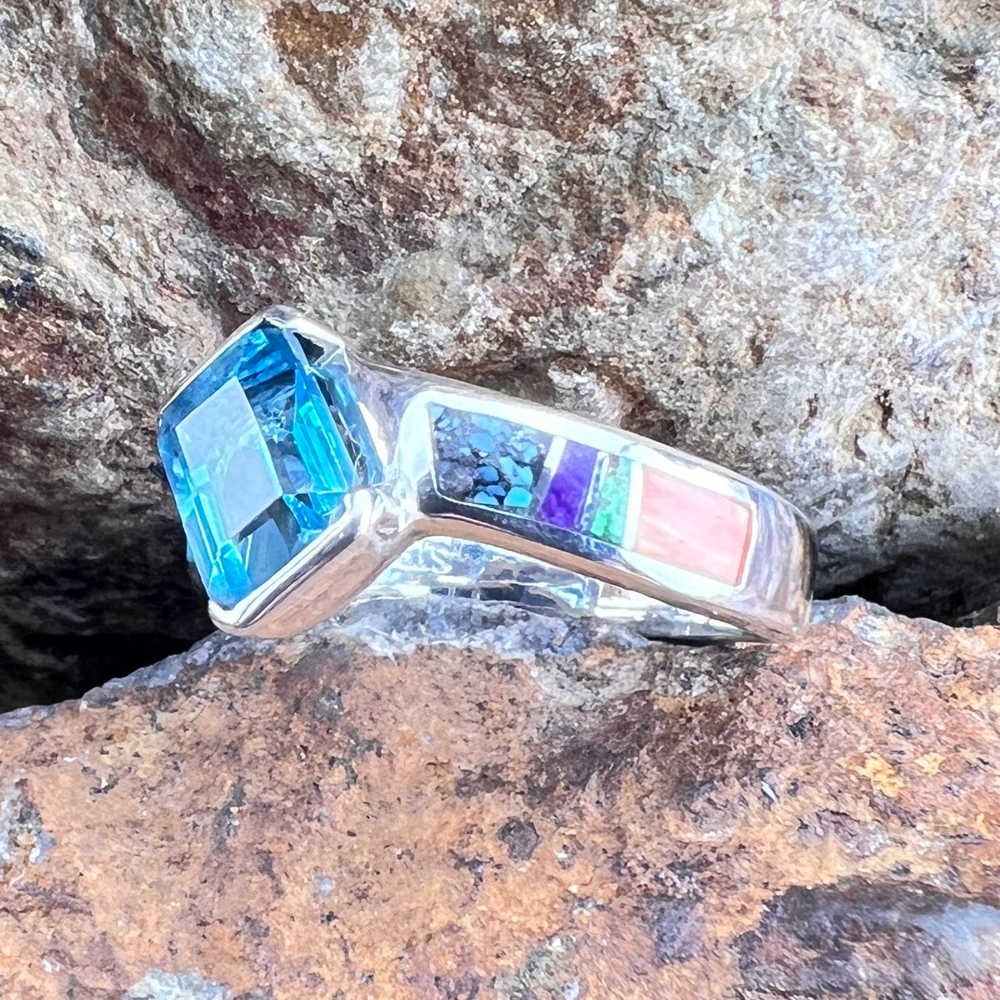 David Rosales Indian Summer Inlaid Sterling Silver Ring w/ Blue Topaz