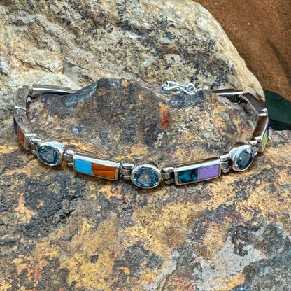 David Rosales Indian Summer Inlaid Sterling Silver Link Bracelet w/ Blue Topaz