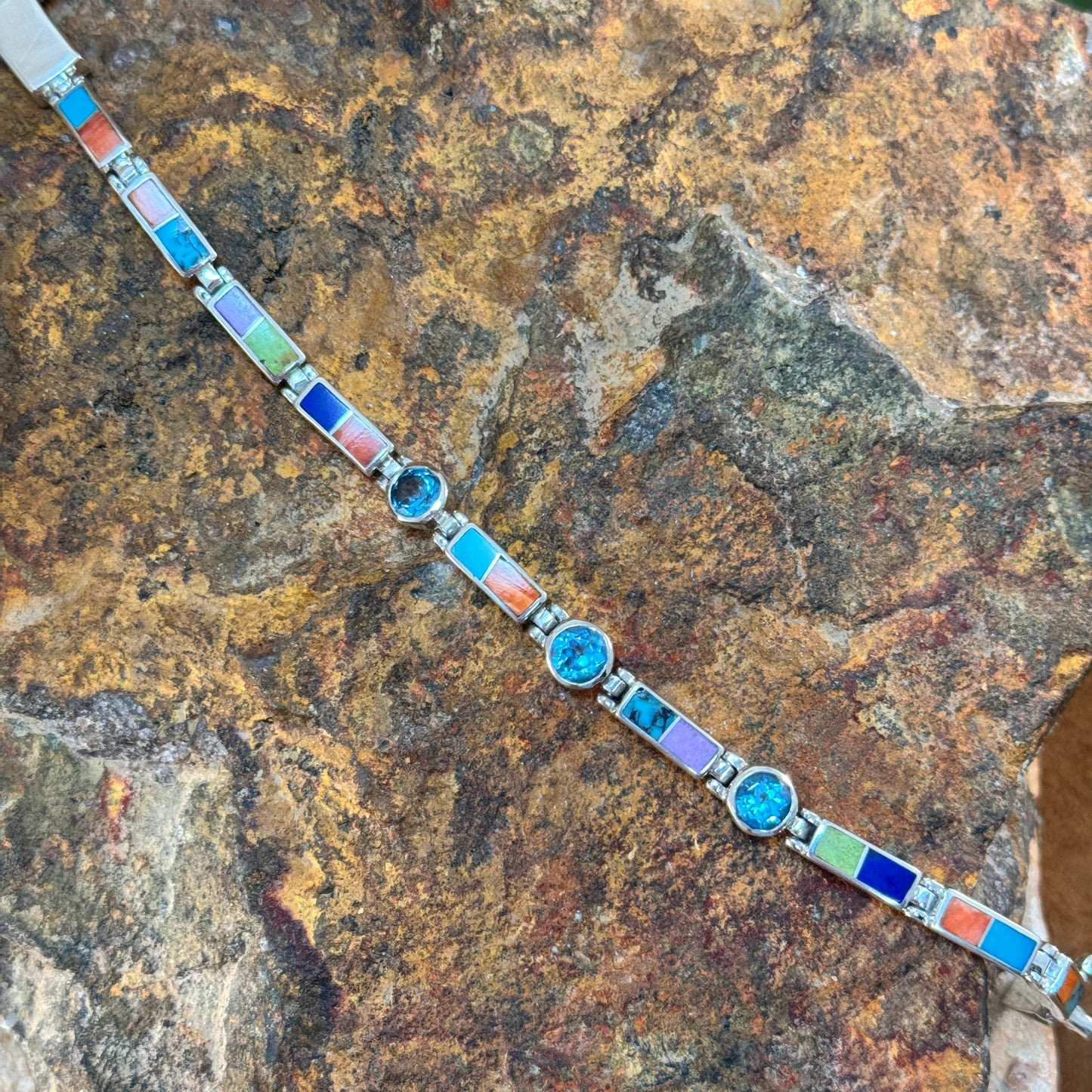 David Rosales Indian Summer Inlaid Sterling Silver Link Bracelet w/ Blue Topaz
