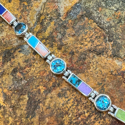 David Rosales Indian Summer Inlaid Sterling Silver Link Bracelet w/ Blue Topaz